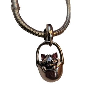 Sterling Silver S925 Kitten in a Basket Charm